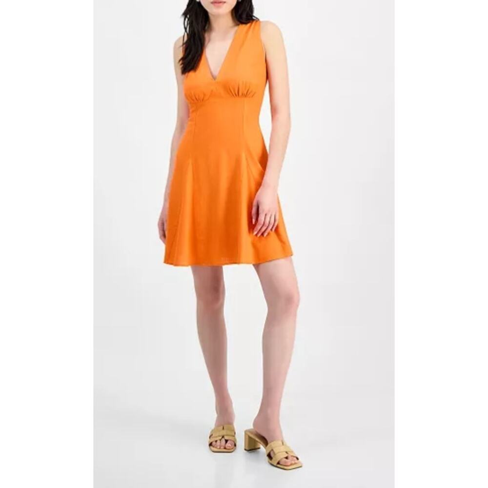 Bar III Women's V-Neck Sleeveless A-LineDress SafetyOrange M